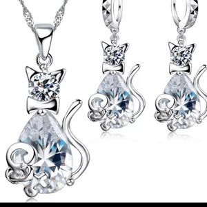 Sterling Silver and zirconia crystal kitty cat earrings and necklace new
